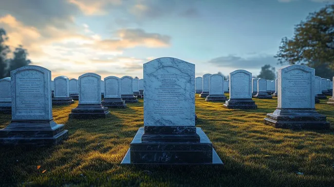 Sonnenuntergang über einem Friedhof mit Grabsteinen