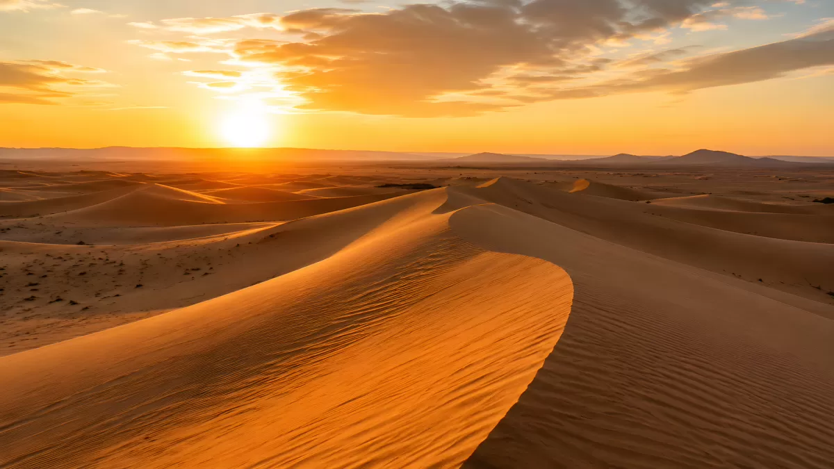Sonnenuntergang über goldenen Wüstendünen