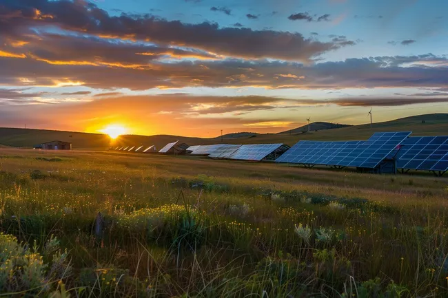 Sonnenuntergang über Solarpanelen auf grüner Wiese