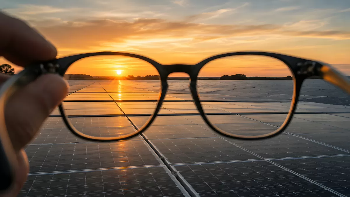 Sonnenuntergang über Solarpanelen durch Brillengläser