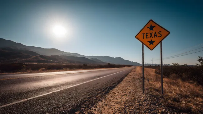 Sonnenuntergangspanorama auf der Landstraße in Texas