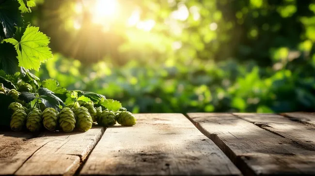 Sonnenverwöhnte Hopfenernte auf rustikalem Holztisch