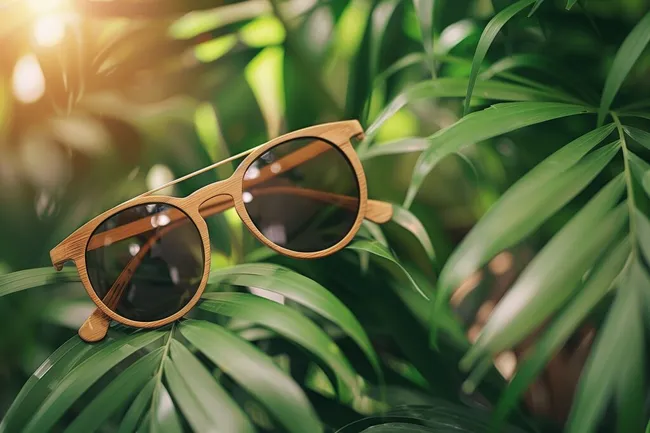 Sonnige Bambushügel mit Holzrahmenbrille