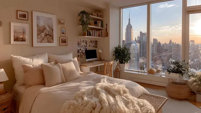 Sonnige New Yorker Skyline vom Schlafzimmer aus