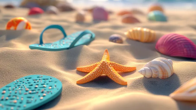 Sonnige Sommerfüße am Strand mit Muscheln und Flip-Flops