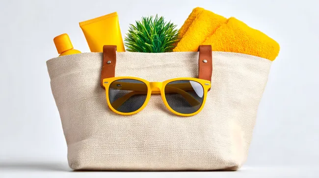 Sonnige Strandausrüstung mit Handtüchern und Sonnenbrille