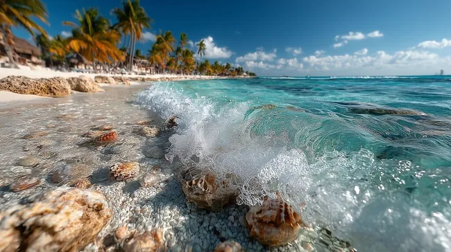 Sonniger Karibikstrand mit türkisfarbenem Wasser