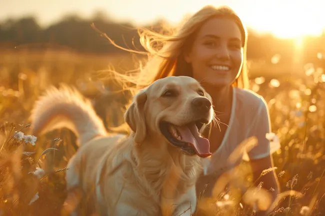 Sonniger Moment in der Natur mit Hund und Frau