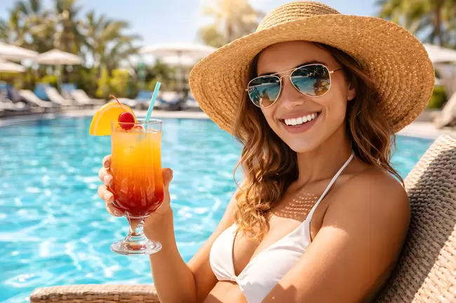 Sonniger Pool-Tag mit Cocktail: Fröhliche Sommerfreude