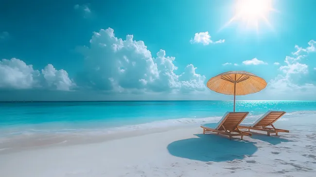 Sonniger Sandstrand mit Liegestühlen und Sonnenschirm