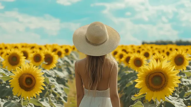 Sonniger Sommerspaziergang durch ein Sonnenblumenfeld