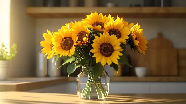 Sonniger Sonnenblumenstrauß in Glasvase auf Küchenregal