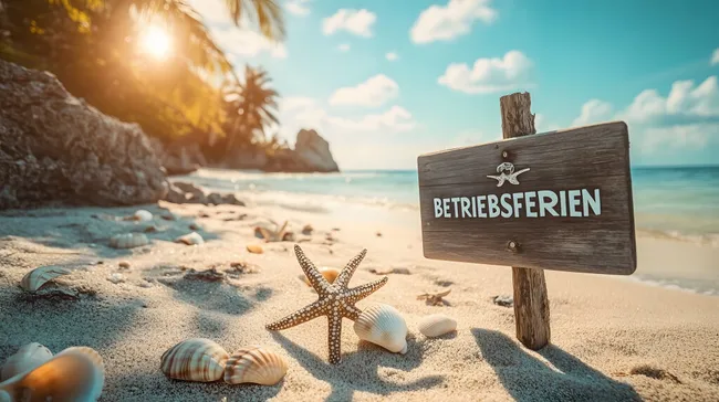 Sonniger Strand mit Betriebsferien-Schild