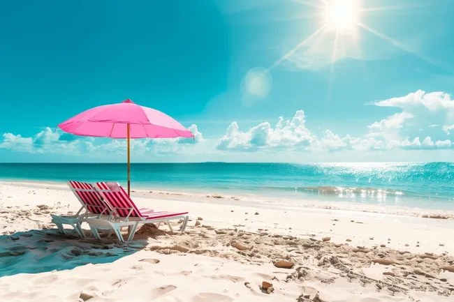 Sonniger Strandurlaub mit Liegestühlen und Sonnenschirm
