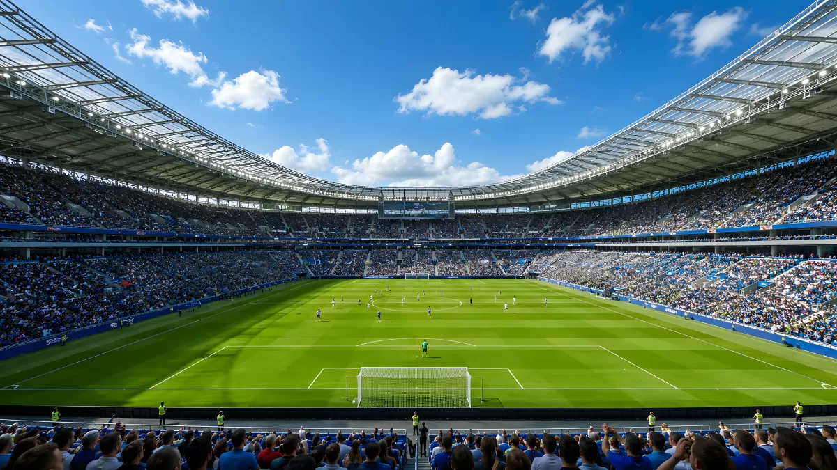 Sonniges Fußballstadion mit vollem Publikum