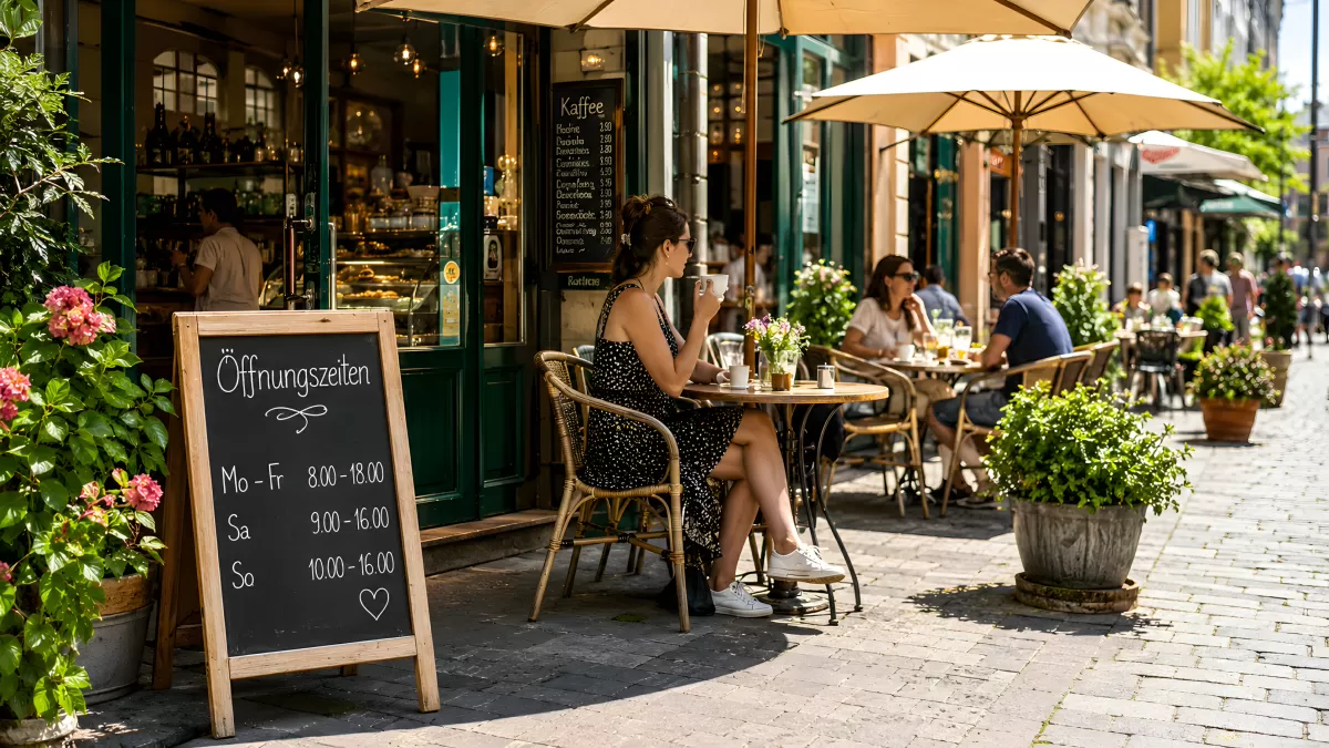 Sonniges Straßencafé in einer europäischen Altstadt