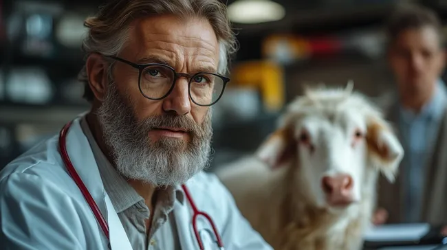 Sorgfältiger Tierarzt untersucht ein Kalb in der Tierarztpraxis