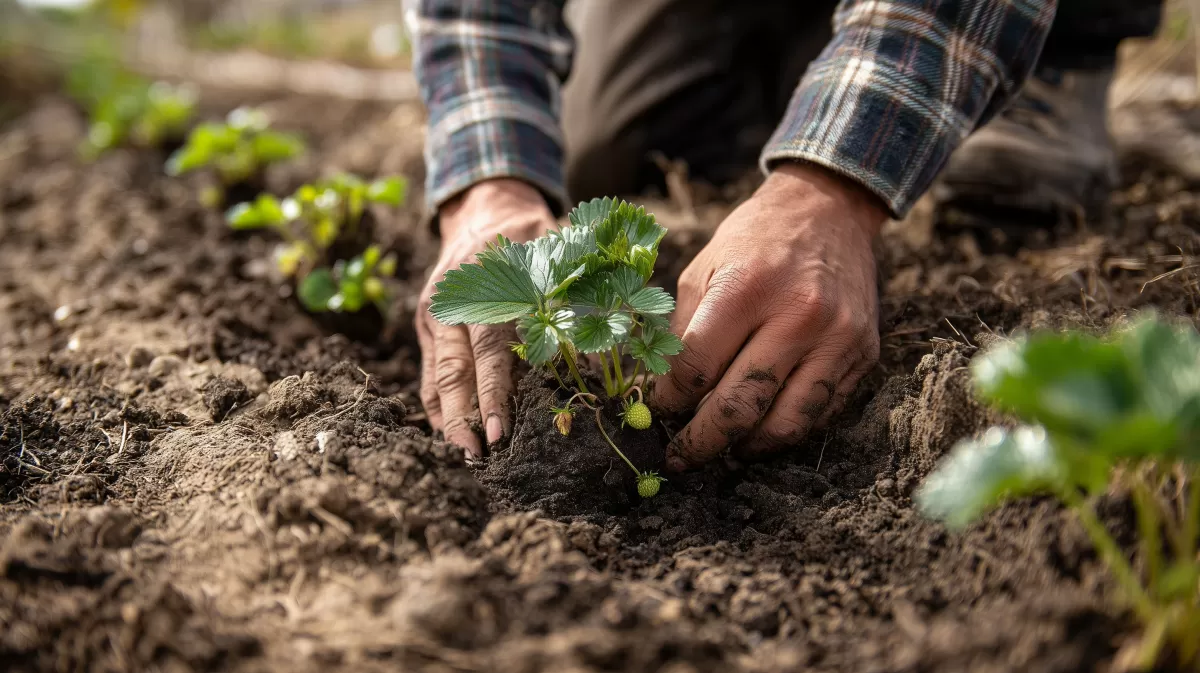 Sorgfältiges Pflanzen eines Erdbeerpflänzchens