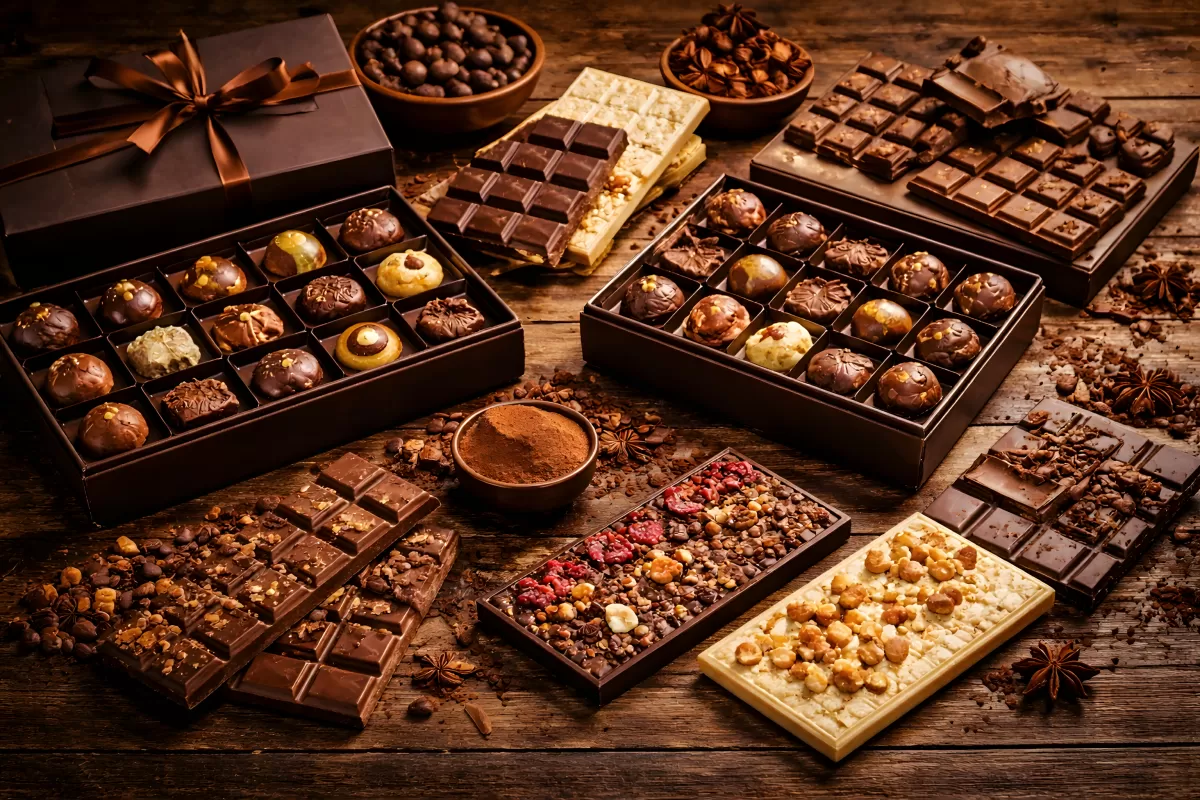 Sortiment edler Pralinen und Schokoladentafeln auf Holz