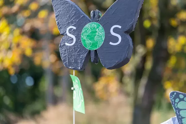 SOS - Schmetterling mit Planet Erde: Klimastreik gegen Artensterben durch die globale Klimakatastrophe