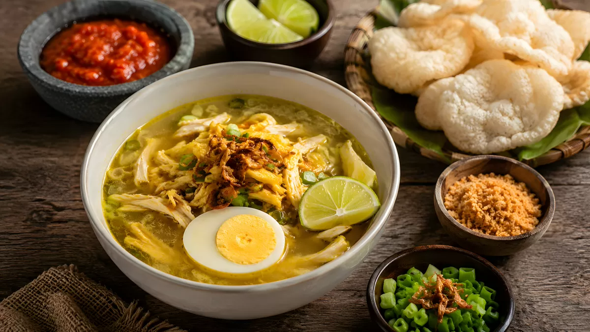 Soto Ayam indonesische Hühnersuppe mit Ei und Limette