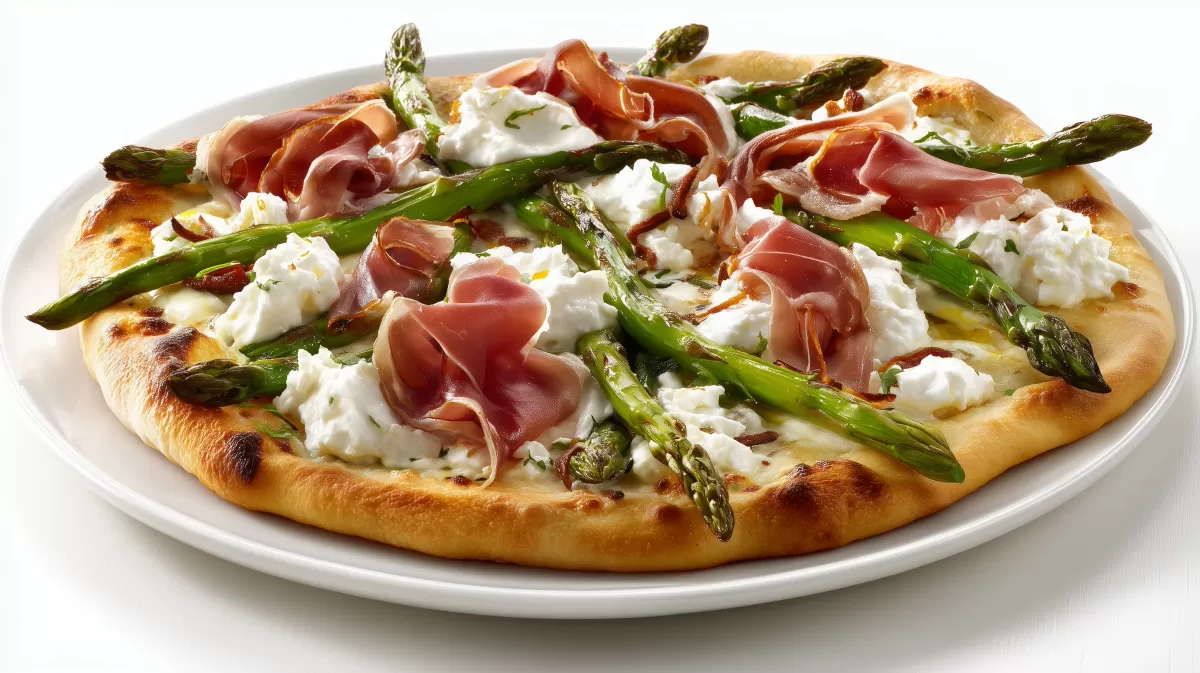 Sourdough Pizza mit Spargel fo und Prosciutto