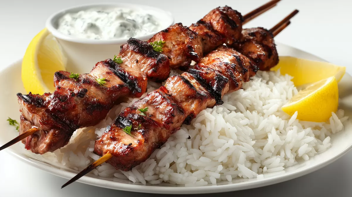 Souvlaki Spieße mit Reis, Tzatziki und Zitrone