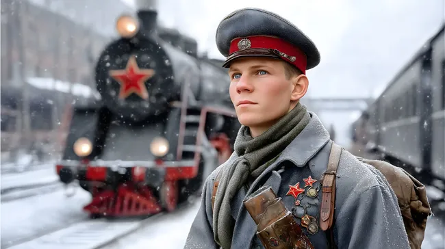 Sowjetischer Soldat vor historischem Dampfzug im Schnee