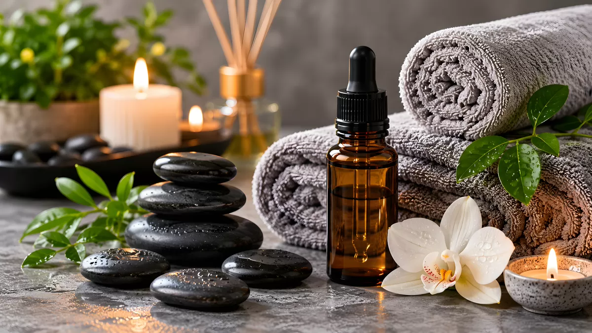 Spa-Arrangement mit Basaltsteinen, Öl und Orchidee