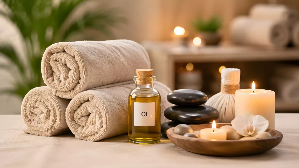 Spa-Arrangement mit Handtüchern, Öl und Kerzen