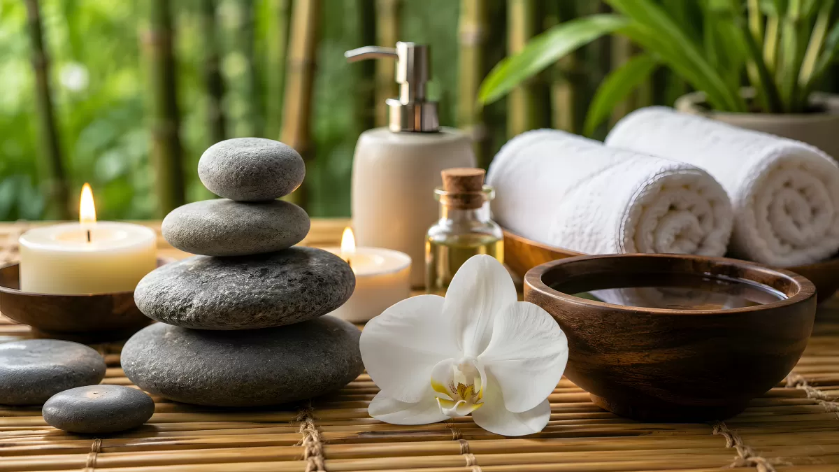 Spa-Arrangement mit Steinen, Orchidee und Kerzen