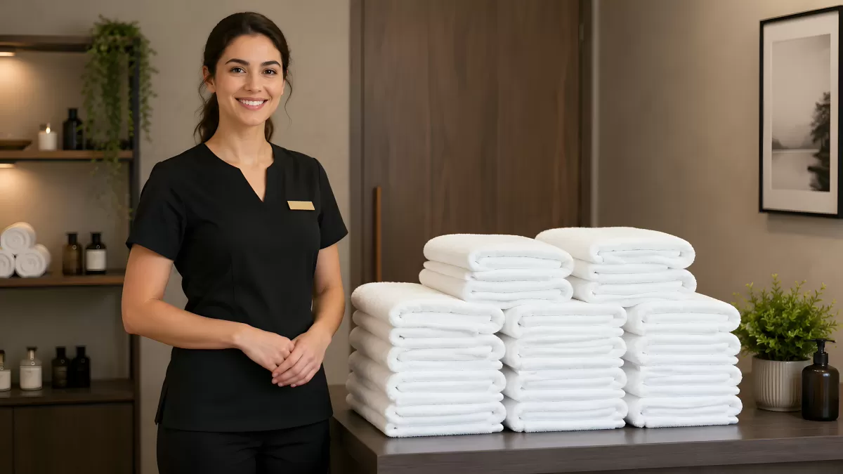 Spa-Mitarbeiterin neben gestapelten weißen Handtüchern