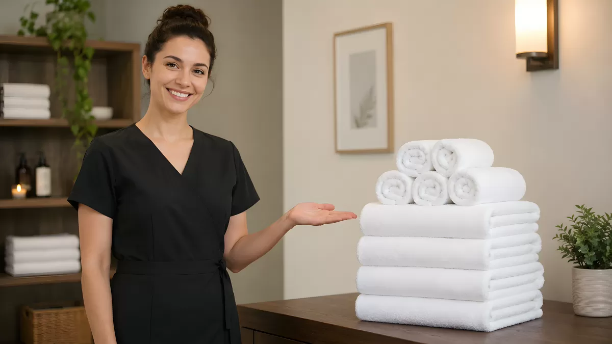 Spa-Mitarbeiterin präsentiert frische weiße Handtücher