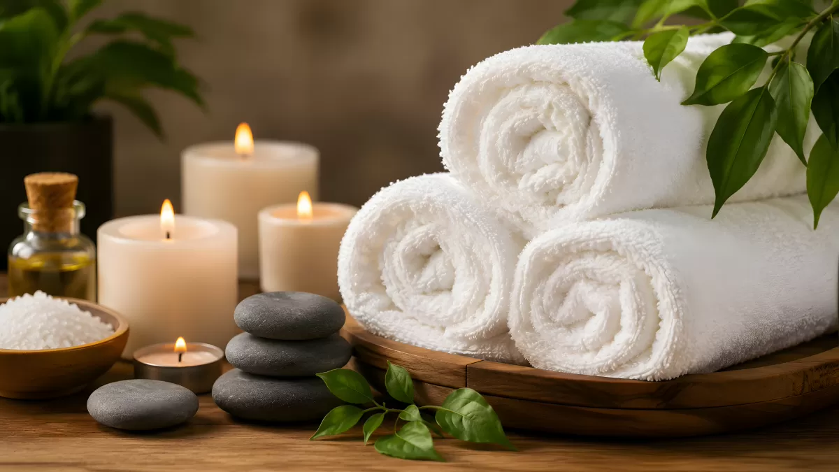 Spa-Stillleben mit Handtüchern, Kerzen und Steinen
