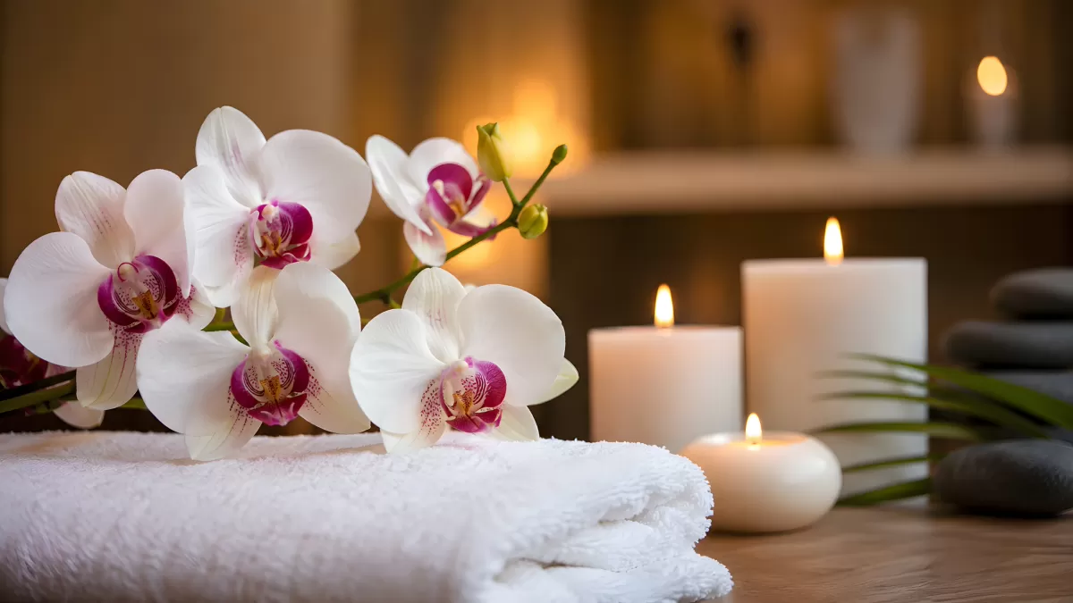 Spa-Stillleben mit Orchideen, Kerzen und Handtuch