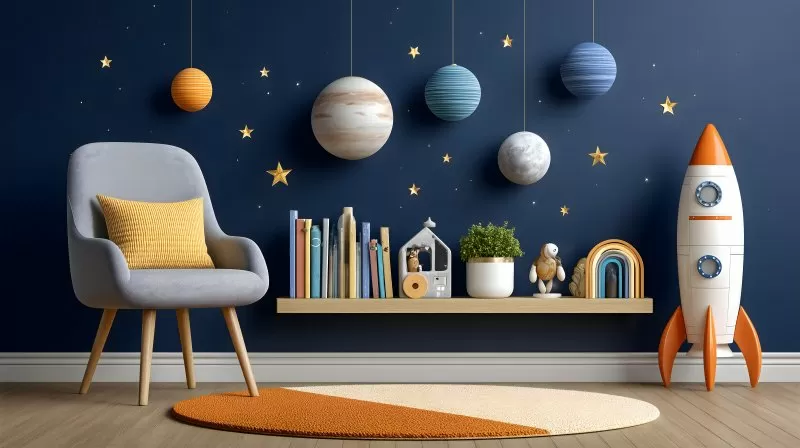 Space-themed kids room with planets books and rocket decor