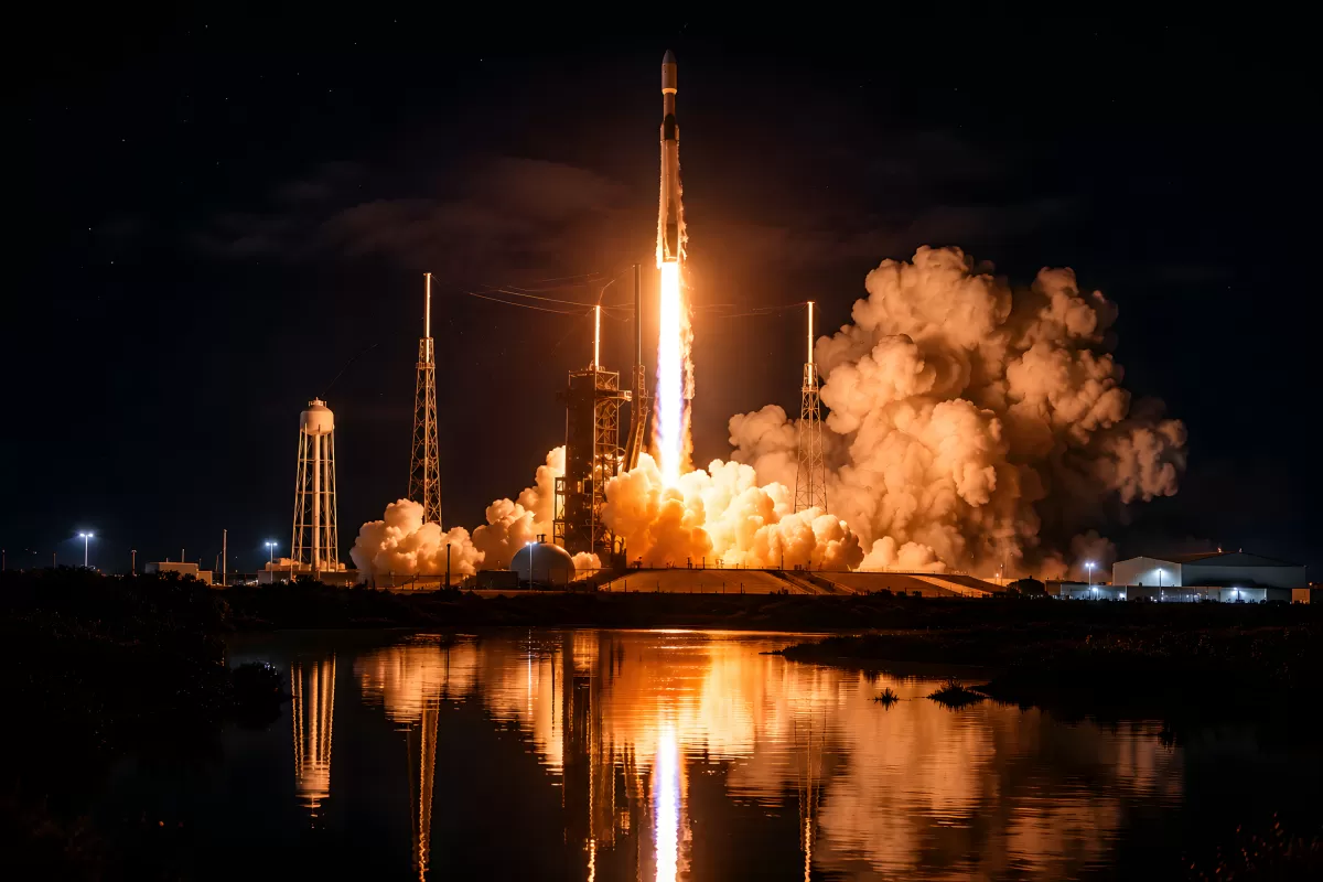 SpaceX-Raketenstart bei Nacht mit Feuerschweif am Weltraumbahnhof