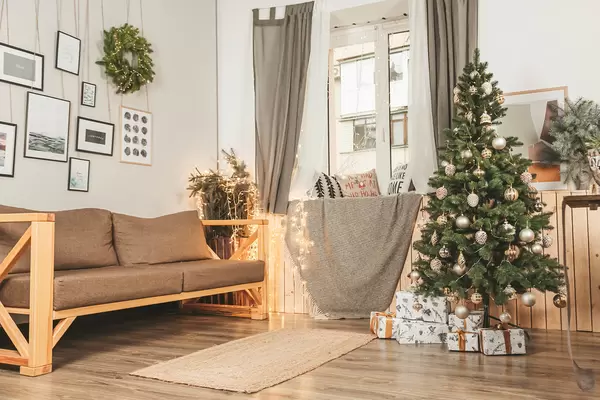 Spacious and light living room decorated for christmas