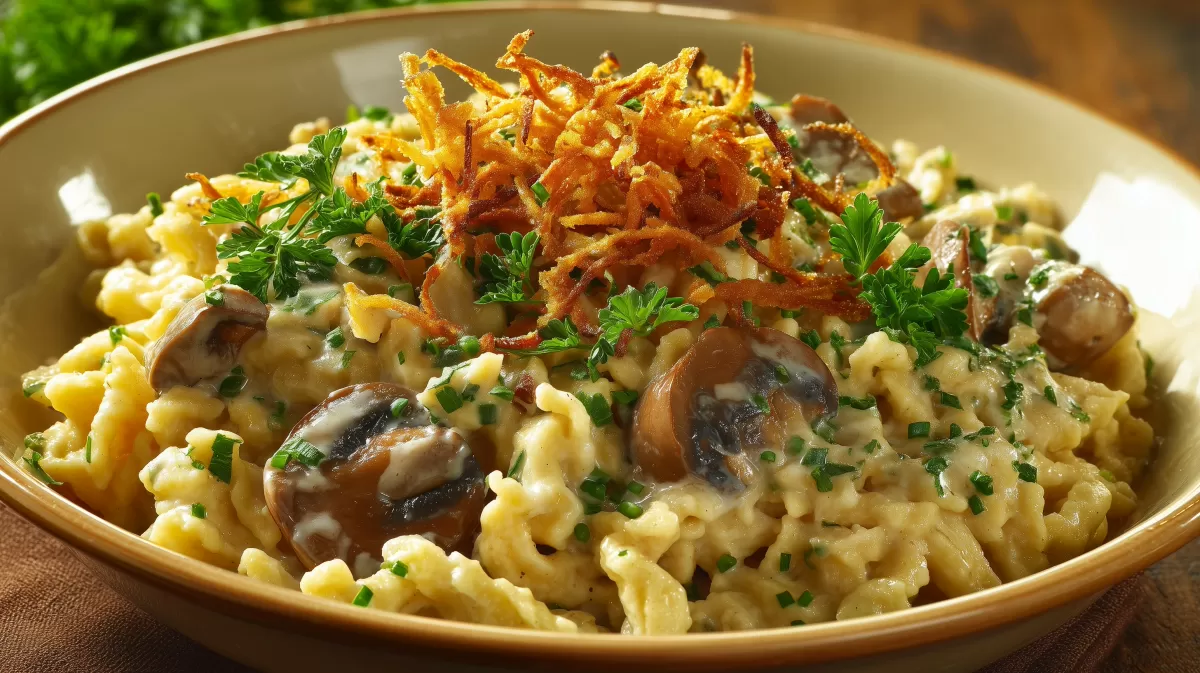 Spätzle mit Pilzrahmsauce und knusprigen Zwiebeln