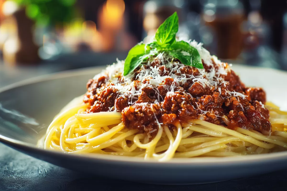 Spaghetti Bolognese mit Parmesan und Basilikum
