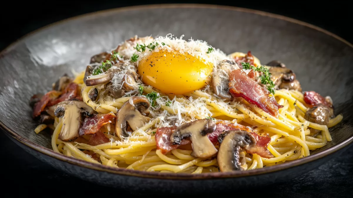 Spaghetti Carbonara mit Champignons und Eigelb