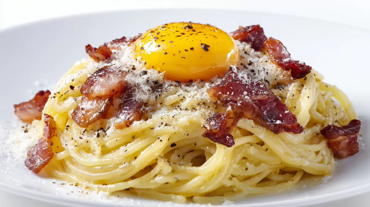 Spaghetti Carbonara mit Eigelb und knusprigem Speck