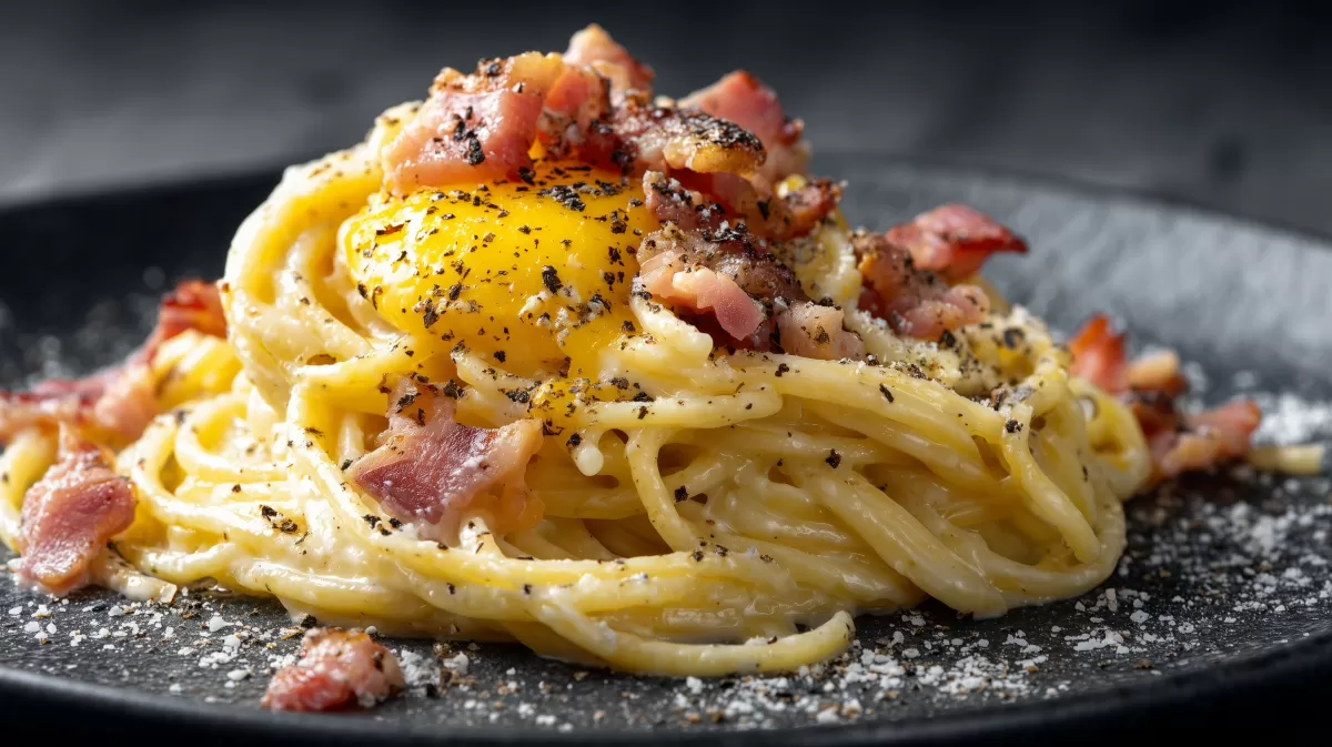 Spaghetti Carbonara mit Eigelb und Speck auf Teller