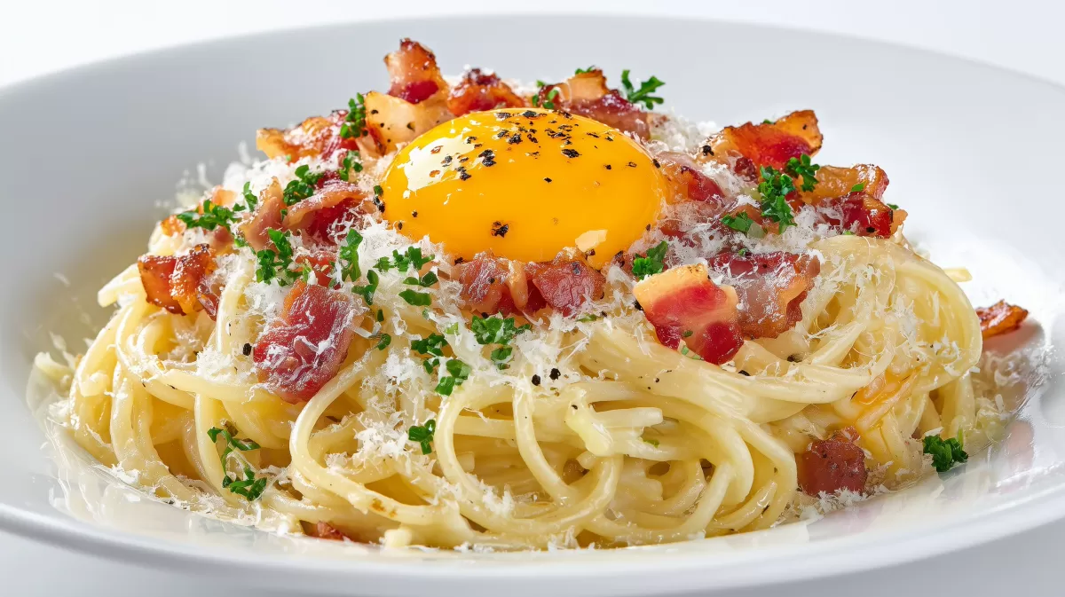 Spaghetti Carbonara mit ganzem Ei und Speck