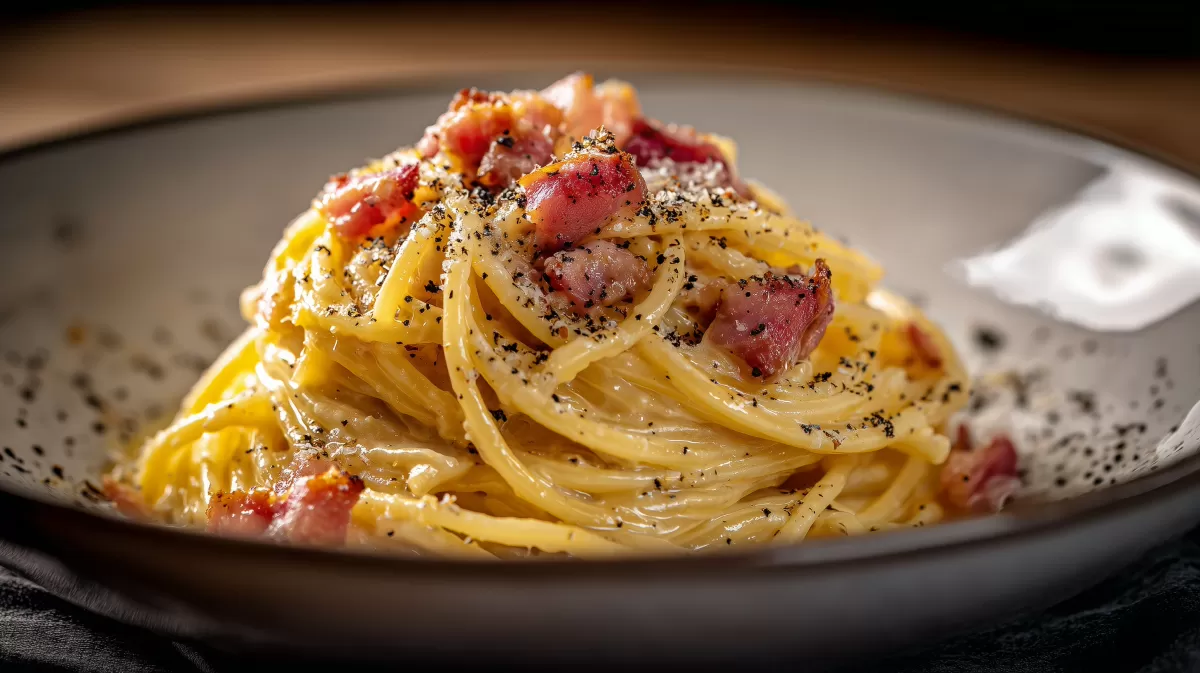 Spaghetti Carbonara mit Guanciale und schwarzem Pfeffer