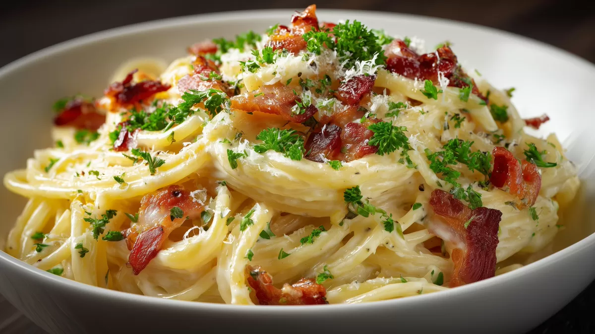 Spaghetti Carbonara mit Sahne, Speck und Petersilie