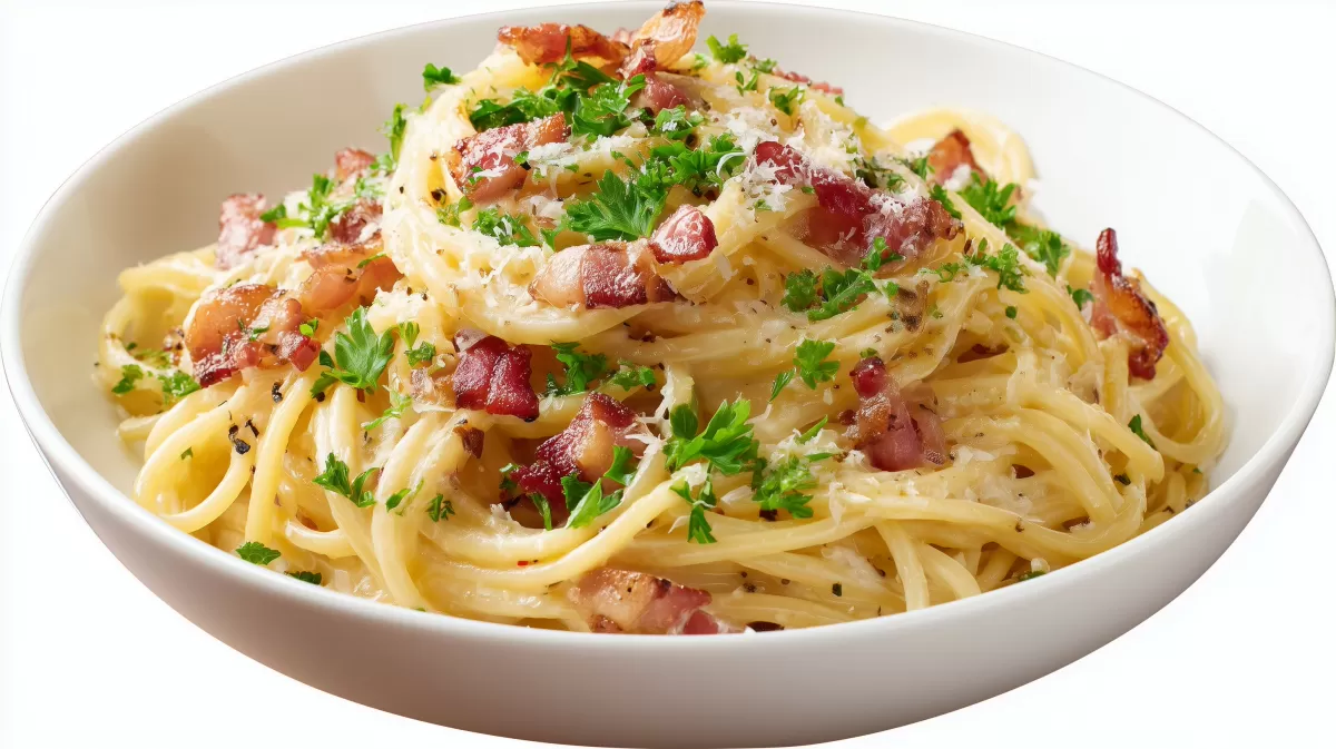 Spaghetti Carbonara mit Sahne und knusprigem Speck