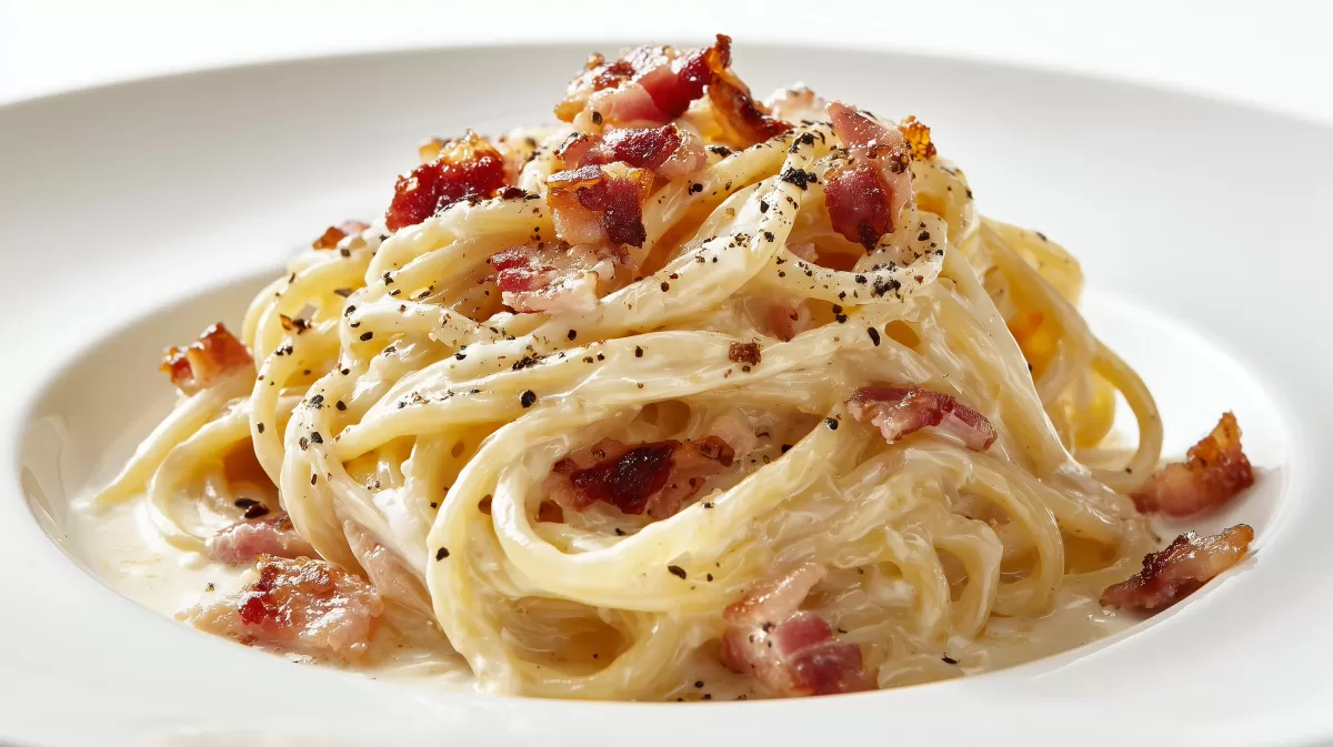 Spaghetti Carbonara mit Speck und schwarzem Pfeffer