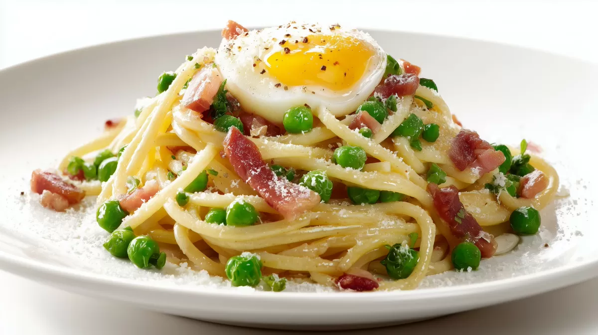 Spaghetti Erbsen Carbonara mit Ei und Speck