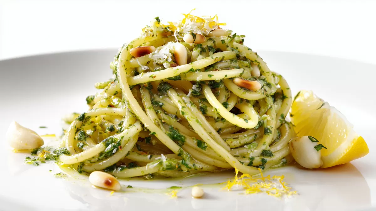 Spaghetti mit Bärlauch-Pesto, Pinienkernen und Zitrone
